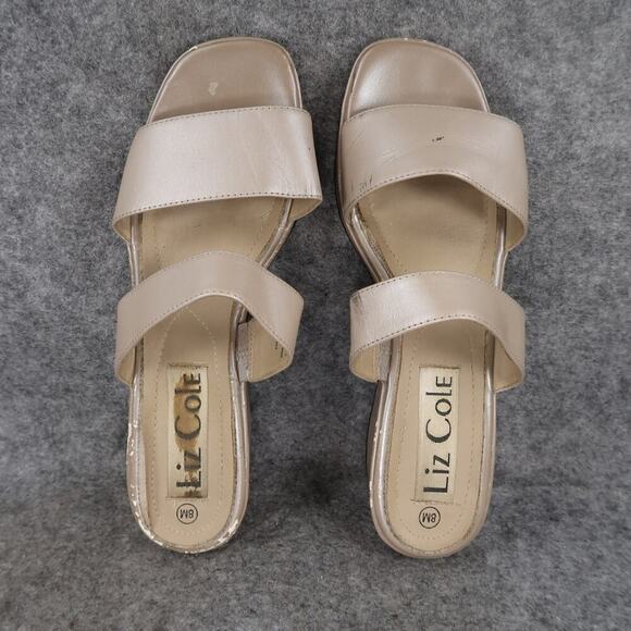 Liz Cole Shoes Womens 8 Sandals Wedge Slides Leather Slip On Double Strap Retro - Picture 6 of 11